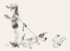 a drawing of a girl walking two dogs