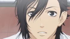 an anime character with long black hair and blue eyes looking at the camera while wearing a white shirt