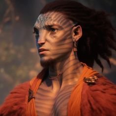 a man with dreadlocks on his face and chest is wearing an orange outfit