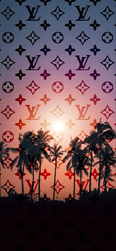 the sun is setting behind palm trees with louis vuitti wallpapers on it