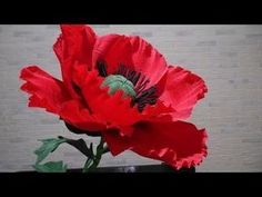 a red flower sitting on top of a black table next to a white brick wall