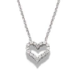 This meaningful heart-shaped pendant features natural diamond accents that gently increase in size towards the bottom of the design. This sparkling pendant is crafted with care in bright 14-karat white gold and comes on a matching diamond-cut cable chain with a secure lobster clasp for worry-free wear. Elegant Diamond Heart Pendant Necklace In Prong Setting, Elegant Heart Pendant Diamond Necklace With Prong Setting, White Gold Sterling Silver Brilliant Cut Heart Necklace, Elegant Heart Shaped Diamond Necklace With Prong Setting, White Gold Heart-shaped Diamond Necklace With Accents, Heart-shaped White Gold Diamond Necklace With Accents, Heart Shaped White Gold Diamond Necklace, Sterling Silver Heart Pendant Diamond Necklace With Brilliant Cut, White Gold Heart Necklace With Prong Setting As Gift