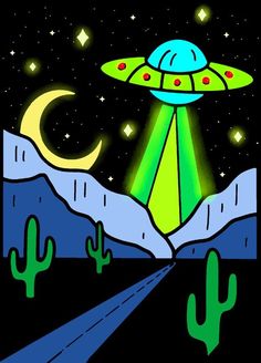 an alien flying over a desert with cactus and mountains in the background at night time