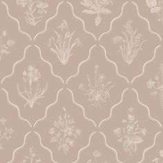 a beige and white wallpaper with flowers on it