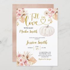 the fall in love baby shower is shown with pink flowers and gold foil on it