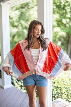 Pink multicolor french terry knit zipper front colorblock jacket with fleece details Adventure Awaits in this adorable zipper front knit jacket! Featuring pink, orange, blue, mocha, and white colorblock terry knit and fleece fabric. The ribbed crew neckline, raw seam details, and boxy, relaxed fit will win your heart! Perfect for the upcoming seasons, she's sure to make a statement! Relaxed fit Model is 5'5" wearing a small Fabric does contain stretch Full zipper front Ribbed crew neckline Ribbe Color Block Jacket, Capri Blue, Vintage Couture, Dressy Tops, Midi Maxi Dress, Solid Dress, Knit Jacket, Casual Fall Outfits, Casual Fall