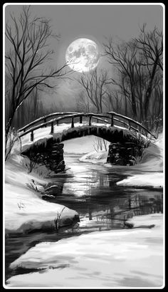 a black and white drawing of a bridge over a river with snow on the ground