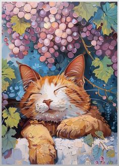 an orange and white cat laying on top of a table next to some grapes hanging from a tree