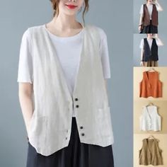 Women Cotton Linen Sleeveless Vest Coat Ladies Buttons Waistcoat Casual Tank Top | BUY IT NOW ONLY ON EBAY! | #Women #Cotton #Linen #Sleeveless #Vest #Coat #Ladies #Buttons #Waistcoat #Casual #Tank #Top Jacket With Pockets, Casual Vest, Vest Coat, Down Vest, Linen Blazer, Casual Tank Tops, Sleeveless Vest, Cotton Linen, Vest Jacket