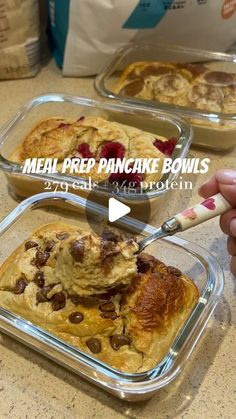 the meal prep pancake bowls are ready to be eaten by someone with a fork