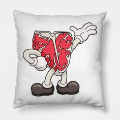 a pillow with a cartoon character holding up a piece of pizza on it's back