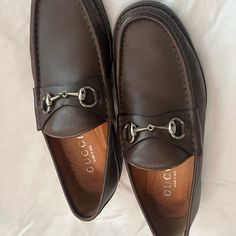 Gently Used And In Excellent Condition. Leather Horsebit Loafers, Designer Calf Leather Loafers With Horsebit Detail, Gucci Brown Loafers With Horsebit Detail, Brown Gucci Loafers With Horsebit Detail, Designer Brown Loafers With Horsebit Detail, Luxury Horsebit Loafers With Round Toe, Brown Loafers, Gucci Shoes, Gucci Men