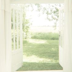 an open door leading to a lush green field