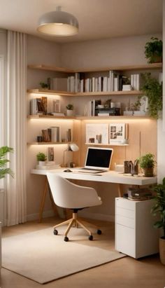 a room with a desk, chair and bookshelf filled with plants in it