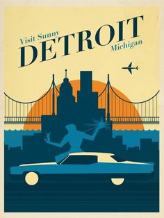 a poster with the words detroit and a woman running in front of a car