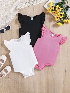 Pink  Collar   Plain Tee Embellished High Stretch  Baby Girls Clothing Pink Plain, Plain Tees, Pink Collar, Pink Collars, Sleeveless Bodysuit, Sleeveless Rompers, Casual Girl, Girls Clothing