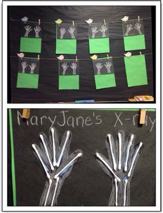 handprints made out of green paper are hanging on clothes pins, and there is a blackboard with white writing that says mary jane's x - ray