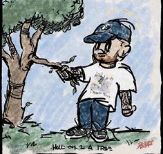 a drawing of a boy picking leaves from a tree with a baseball cap on his head