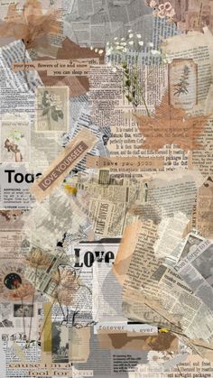 collage of newspaper paper with flowers and words on it, including the word too