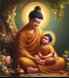 a painting of a buddha holding a child