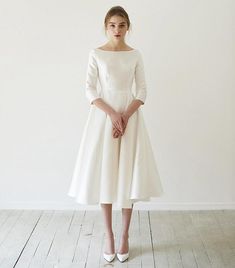 Satin Mid-Calf Tea length With Sleeve New Simple Wedding Dress Sexy Wedding Dresses BlissGown Tea Length Prom Dress, Courthouse Wedding Dress, Midi Wedding Dress, Beach Wedding Dress Boho, Rehearsal Dinner Dresses, Wedding Dresses Satin, Minimalist Dresses, Casual Wedding Dress, Winter Wedding Dress