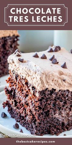 a close up of a piece of cake on a plate with the words chocolate tres leches