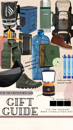 the gift guide for the outdoors enthusiast includes items like water bottles, backpacks and hiking gear