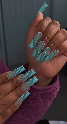 Acrylic Nails Square, Teal Nails, Using Canva, Blue Acrylic Nails, Drip Nails, Racun Shopee, Vibrant Nails, Nails Square, Classy Acrylic Nails