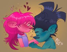 two cartoon characters with pink hair and blue body, one is kissing the other's cheek