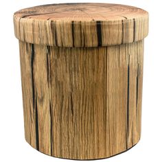 a round wooden stool with black lines on the top and bottom, against a white background