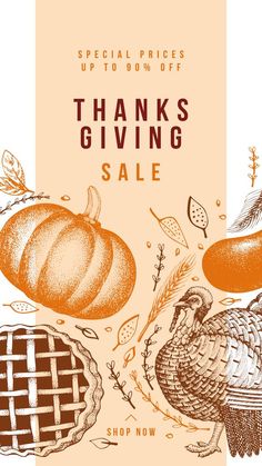 an orange thanksgiving sale poster with pumpkins, turkey and other autumn items on it