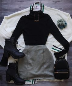 Black and green cardigan and boots fall outfit Lace Bodysuit With Skirt, Bodysuit Outfit Skirt, Bodysuit Skirt Outfit, Green Fall Outfit, Fall Skirt Outfits With Boots, Feminine Habits, Skirt With 2 Slits, Skirt Outfits With Boots, Bodysuit With Skirt