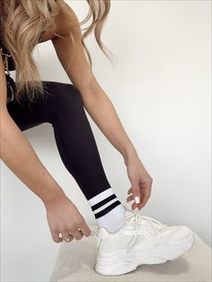 white How To Style Socks With Sneakers, Stripe Socks Outfit, Ankle Socks With Sneakers, Tall Socks And Sneakers Outfit, Sock Sneakers Outfit, Striped Socks Outfit, Sports Socks Outfit, Crew Socks With Sneakers Outfit, Crew Socks With Sneakers