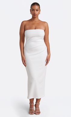 MOON DANCE STRAPLESS DRESS - IVORY – BEC + BRIDGE US White Evening Dress With Straight Neckline, White Strapless Mini Dress For Evening, Wedding Maxi Dress With Flattering Silhouette, White Bandeau Strapless Dress For Evening, Flattering Maxi Dress For Gala, Flattering Silhouette Maxi Dress For Gala, White Evening Dress With Straight Neckline For Gala, Bandeau Maxi Dress With Fitted Bodice, Bias Cut Maxi Dress With Straight Neckline For Gala