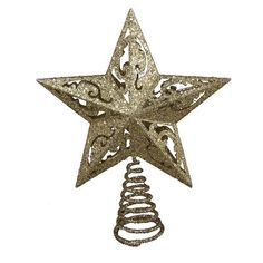 a gold christmas tree topper with an ornament