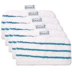 five white towels with blue stripes on them