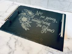 This beautiful and unique engraved slate is great for a wedding shower, birthday, mother’s day, Fathers Day, Anniversary, Christmas gift and more. Bring a unique look to a local restaurant or private establishment with an eloquent slate tray. Whether you are serving appetizers, cheeses or even sushi; you will be hard pressed to find a tray with this much elegance. This Handcrafted real stone slate tray is 13.78x9.84” and has two layers of FDA approved food safe resin for protection. Even though Slate Crafts Projects, Resin On Slate, Sublimation On Slate, Etched Slate Cheese Board, Engraved Slate Coasters, Marquee Letters, Slate Coasters, Letter Sign, Real Stone