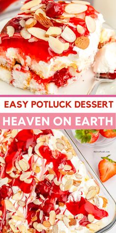 Create the ultimate dessert with this easy Strawberry Heaven on Earth recipe! Layers of angel food cake, creamy pudding, whipped topping, and luscious strawberry pie filling make this no-bake dessert a crowd-pleaser. Perfect for potlucks, family gatherings, or any occasion that calls for a sweet treat. Ready in minutes and bursting with strawberry flavor!  #StrawberryDessert #PotluckDessert #EasyDessertRecipe #NoBakeDessert #AngelFoodCake #LayeredDesserts #DessertRecipes Light Summer Desserts Easy, Easy Potluck Desserts, Heaven On Earth Cake, Strawberry Heaven, Earth Cake, Strawberry Recipe, Strawberry Dishes, Strawberry Pie Filling, Potluck Desserts