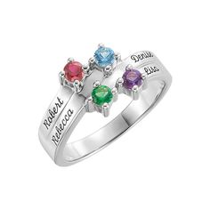 Customize with children's birthstones and names. This elegant ring is available in sterling silver with 1 to 4 birthstones or ring with birthstones only or with names. When you're ordering please select the ring size and number of stones and than write me a note for birthstones and names. Follow diagram picture for stone placements. This ring is sterling silver .925 but I can also make it in solid gold, if you're interested please let me know for price quote. Note that names can be engraved maxi Personalized Birthstone Promise Ring In Fine Jewelry Style, Silver Birthstone Ring With Names In Sterling Silver, Personalized Silver Birthstone Ring For Anniversary, Silver Sterling Birthstone Ring With Names, Personalized Silver Birthstone Promise Ring, Personalized Sterling Silver Birthstone Ring As A Gift, Anniversary Birthstone Ring With Names, Sterling Silver Rings With Names, Silver Rings With Names