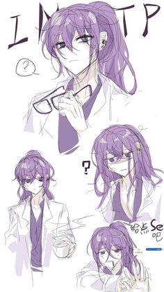 some anime characters with purple hair and glasses on their heads, one is holding a cup