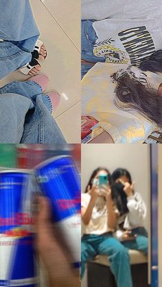 three pictures of people sitting down and one is holding a cup with something in it