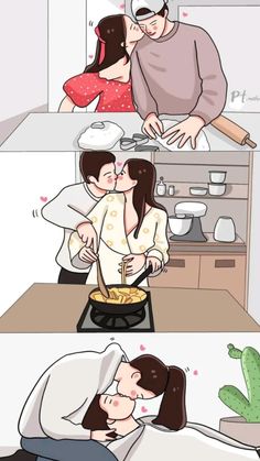 two people are cooking in the kitchen and one person is kissing her on the cheek