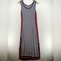 Nwt | Never Worn Max Studio Rayon Stretch Jersey Dress | Size L | Striped Sleeveless Maxi Blue White Red From A Home W/ A Cat Navy Fitted Sleeveless Maxi Dress, Casual Striped Sleeveless Maxi Dress, Casual Navy Sleeveless Dress For Spring, Navy Casual Summer Maxi Dress, Navy Sleeveless Summer Dress, Black White Maxi Dress, Body Hugging Dress, London Dress, Max Studio Dress