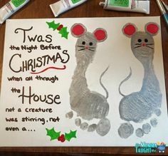 a christmas card with two mouses on it and some crayons next to it