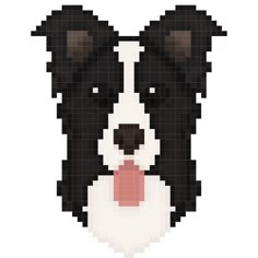 a black and white dog with its tongue out is shown in pixel art style on a white background