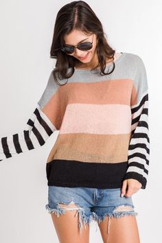 Spring Into Stripe Sweater, Black :: NEW ARRIVALS :: The Blue Door Boutique Trendy Striped Cropped Sweater, Spring Knit Tops With Horizontal Stripes, Striped Sweater For Spring Layering, Trendy Color Block Sweater For Loungewear, Spring Sweater With Contrast Stripes, Trendy Oversized Striped Sweater, Spring Knit Sweater With Contrast Stripes, Knit Sweater With Contrast Stripes For Spring, Knit Sweater With Horizontal Stripes For Layering