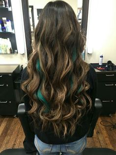 Turquoise Hair Color Highlights, Teal Streaks In Brown Hair, Teal Peekaboo Highlights, Brown And Teal Hair, Teal Highlights In Brown Hair, Teal Hair Highlights, Blonde Brown Hair Color, Purple Hair Streaks, Purple Blonde Hair