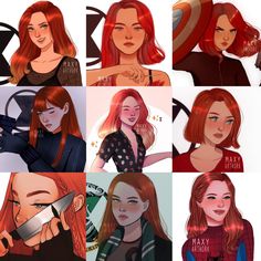 many different pictures of women with red hair and one is holding a knife in her hand