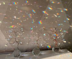 two glass vases with tree branches in front of a white wall and colorful light coming through the window