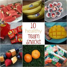 there are many healthy treats and snacks in this collage with the words 10 healthy team snacks